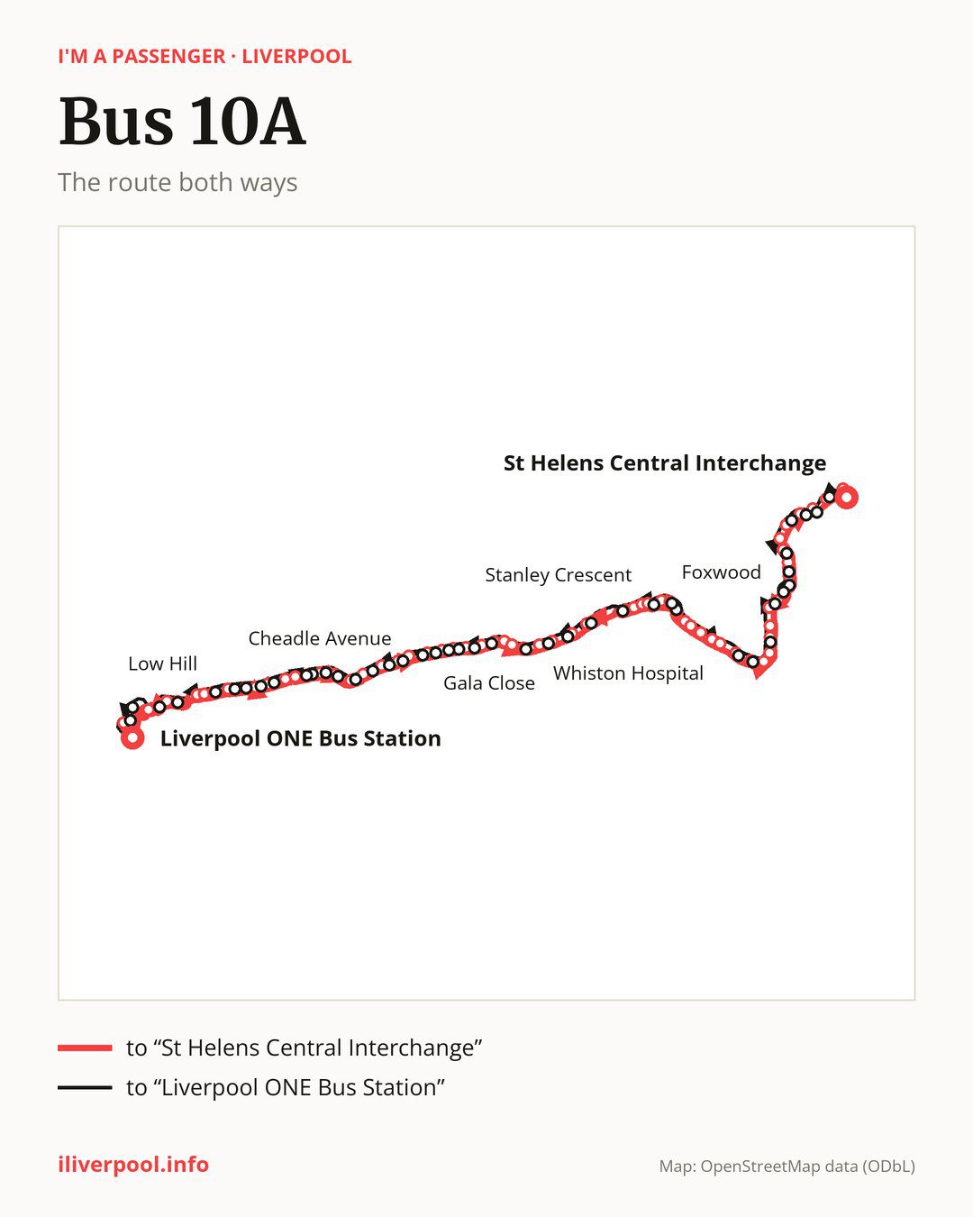 Bus route 10A in Liverpool on the map: the route both ways