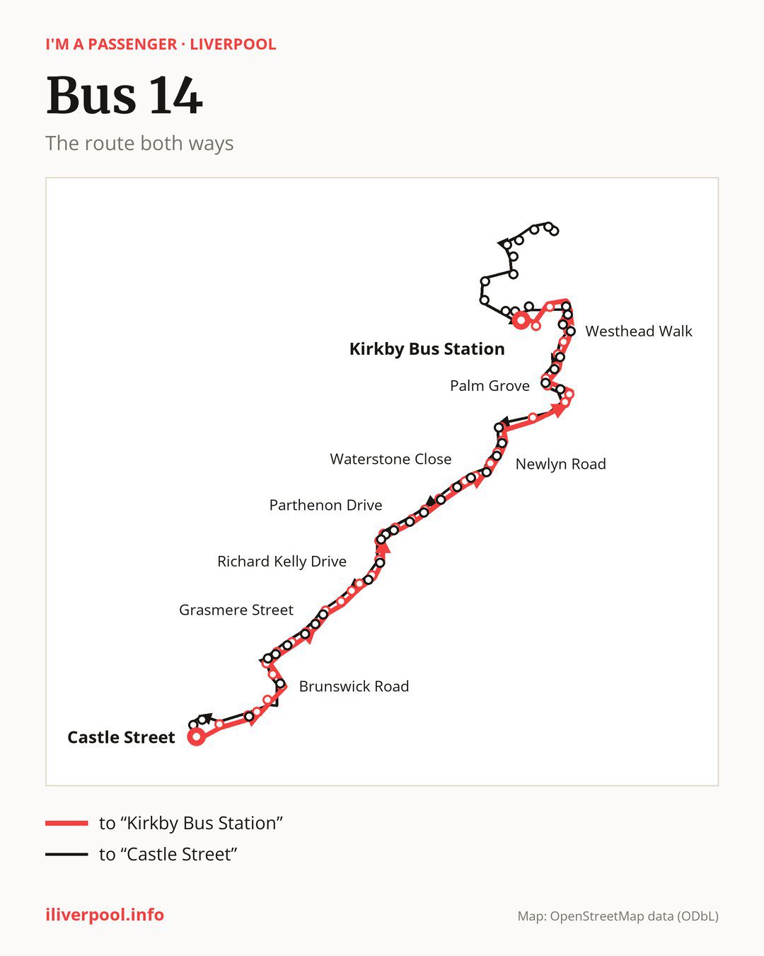 Bus route 14 in Liverpool on the map: the route both ways