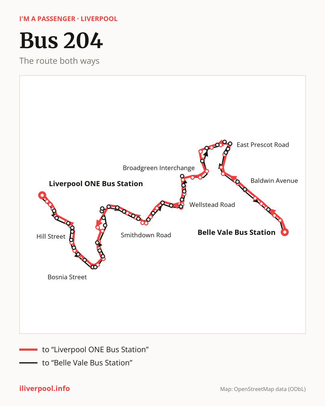 Bus route 204 in Liverpool on the map: the route both ways