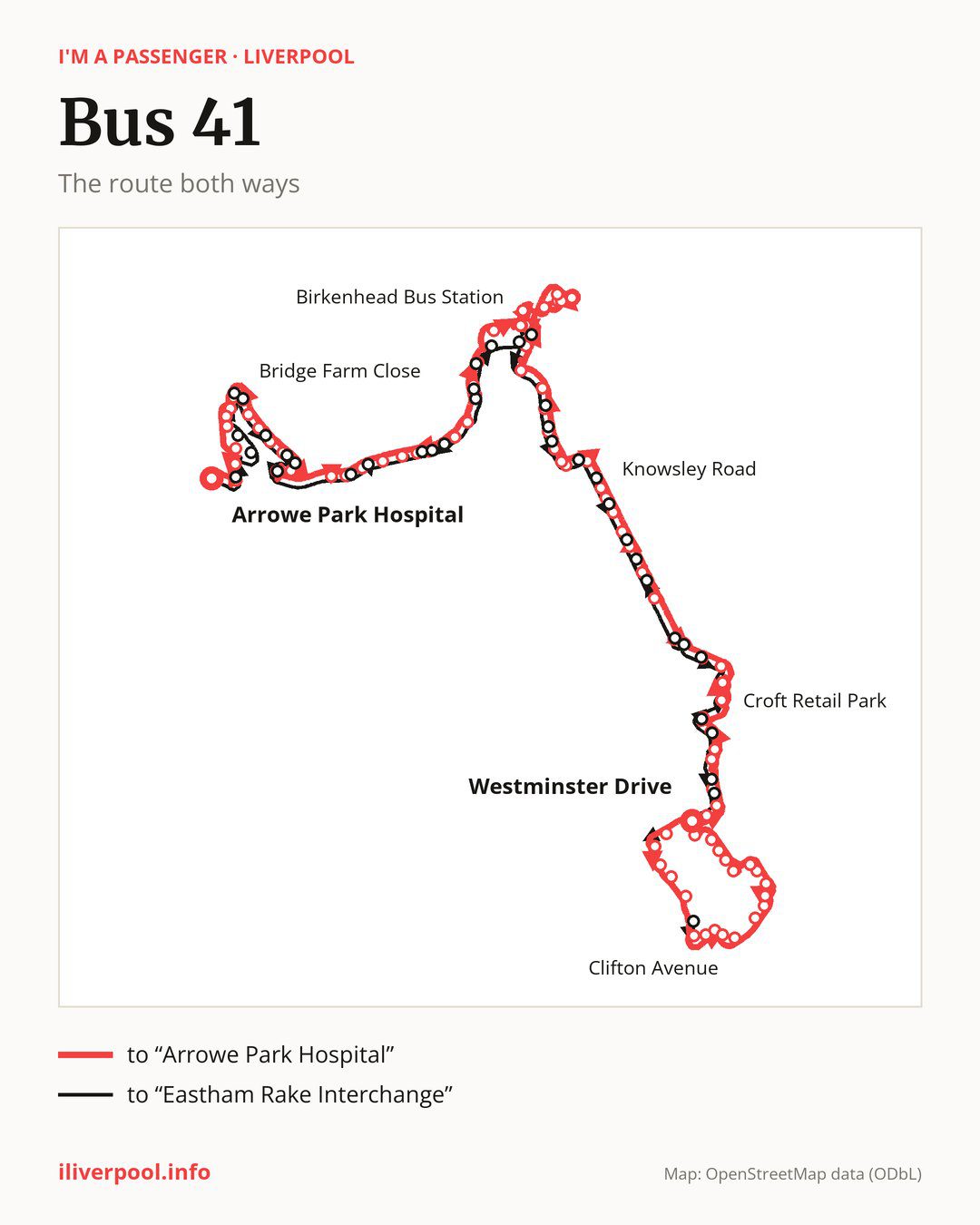 Bus route 41 in Liverpool on the map: the route both ways