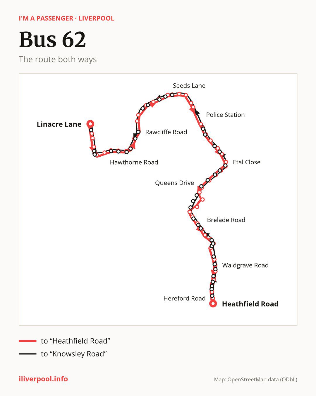 Bus route 62 in Liverpool on the map: the route both ways