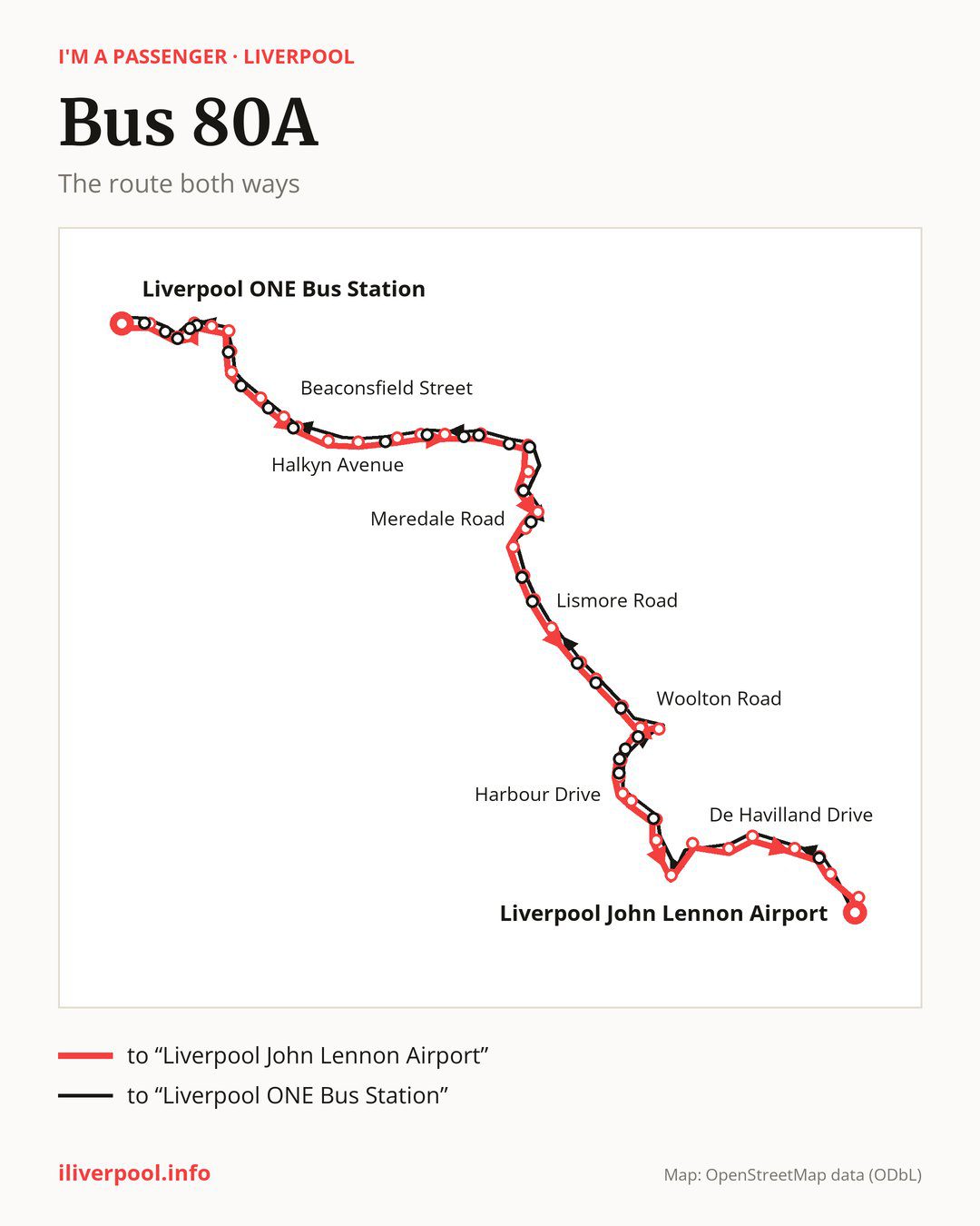 Bus route 80A in Liverpool on the map: the route both ways