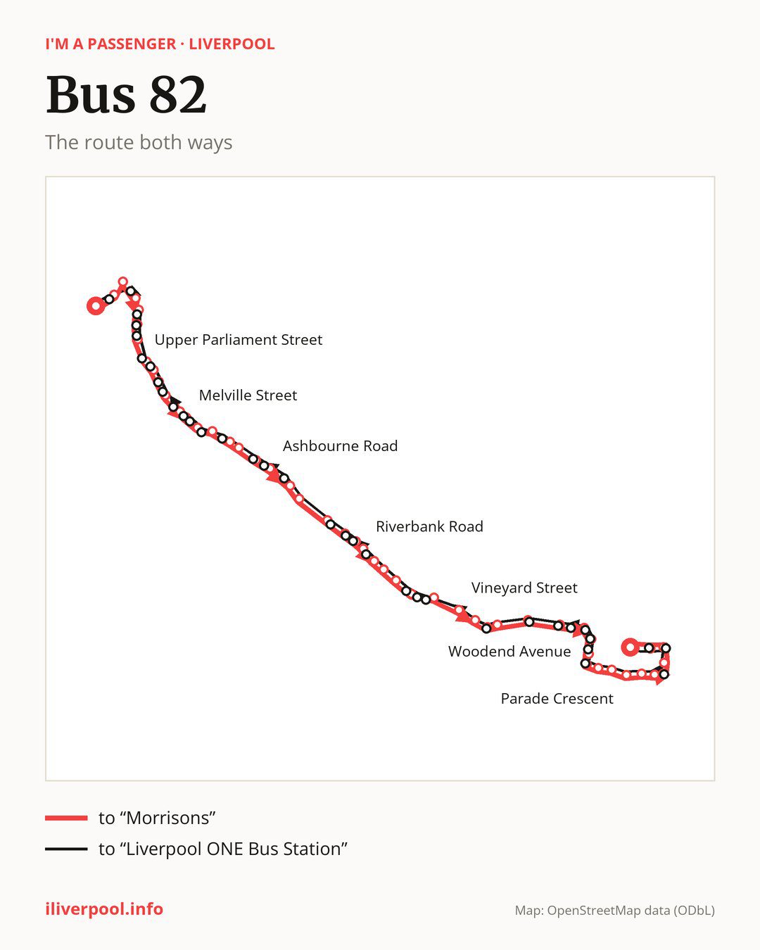 Bus route 82 in Liverpool on the map: the route both ways