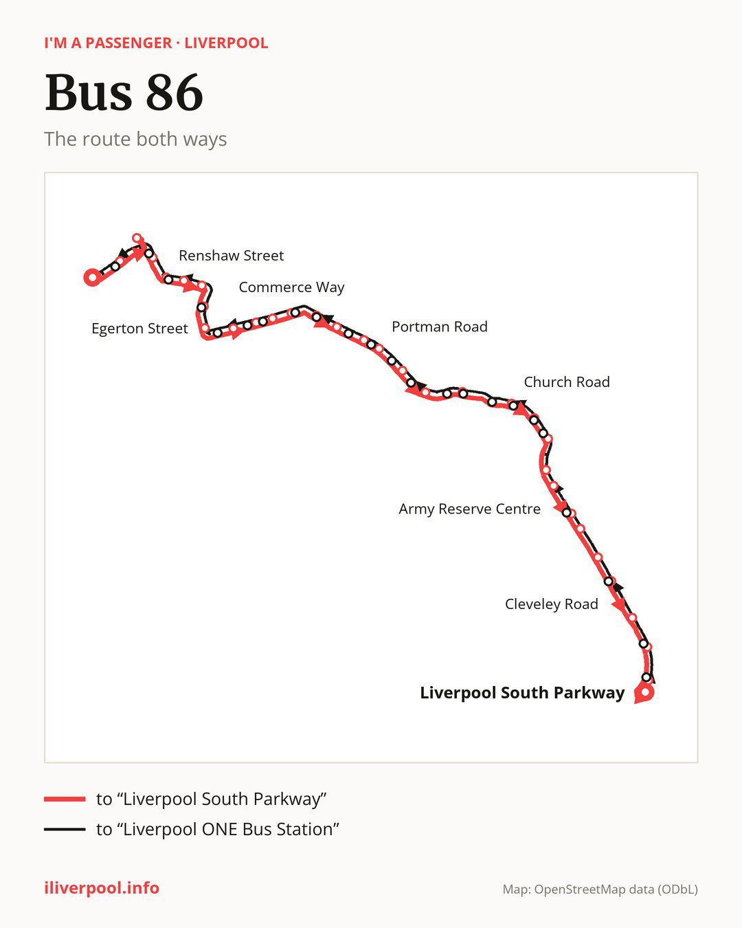 Bus route 86 in Liverpool on the map: the route both ways