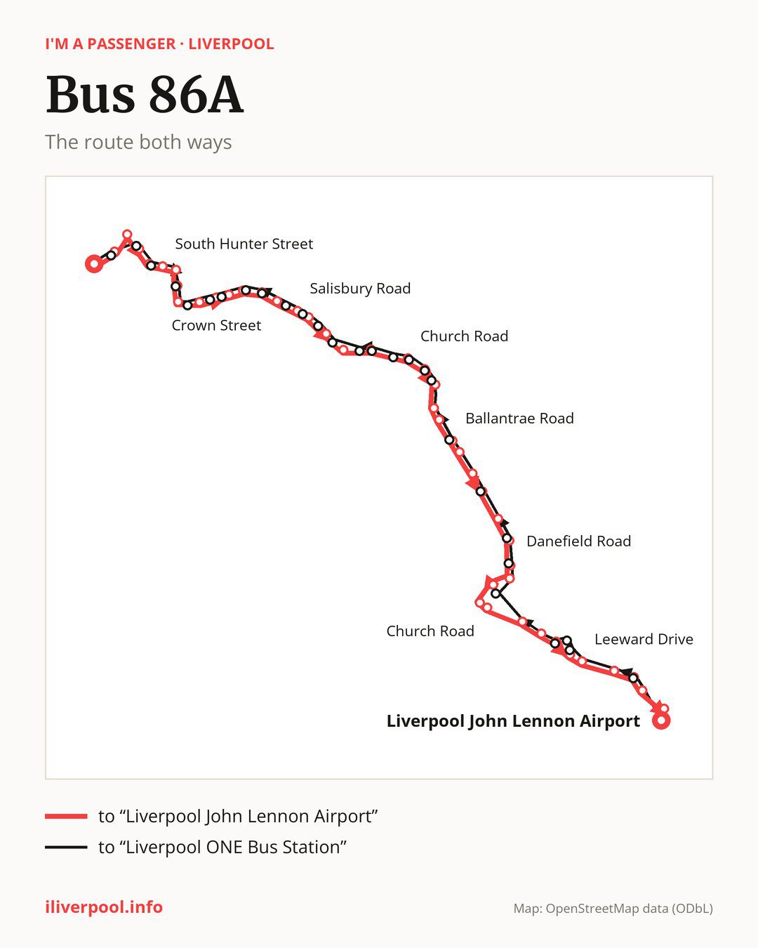Bus route 86A in Liverpool on the map: the route both ways